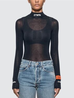 Heron Preston Black Sheer Long-Sleeve Bodysuit with Logo Neck
